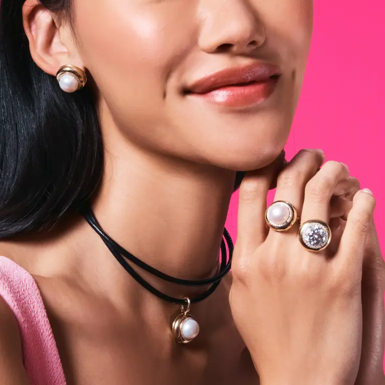 Large Candy Button Pearl Ring by Stephanie Gottlieb in 14k yellow gold featuring a lustrous white freshwater pearl cabochon