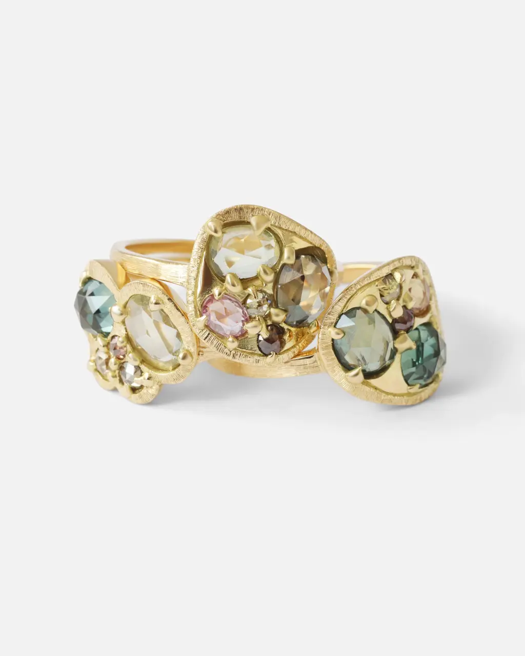 One-of-a-kind Silk / Teal and Lime Cluster Ring featuring rose-cut sapphires and diamonds in 18k yellow gold