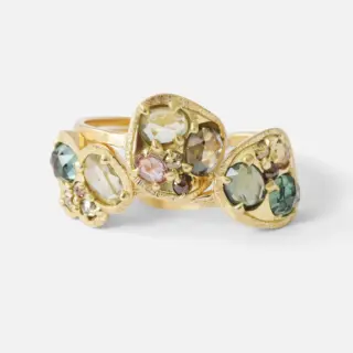 One-of-a-kind Silk / Teal and Lime Cluster Ring featuring rose-cut sapphires and diamonds in 18k yellow gold