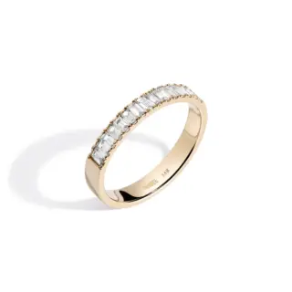 Aurate Bold Half Diamond Baguette Ring in 14K gold, featuring 13–15 baguette-cut diamonds totaling 0.43 ct, set halfway around the band