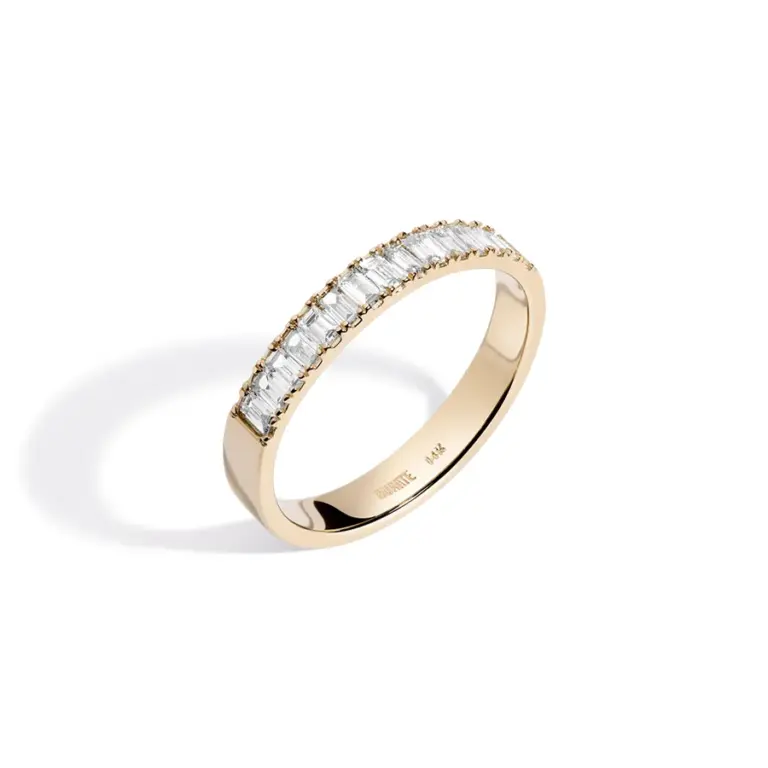 Aurate Bold Half Diamond Baguette Ring in 14K gold, featuring 13–15 baguette-cut diamonds totaling 0.43 ct, set halfway around the band