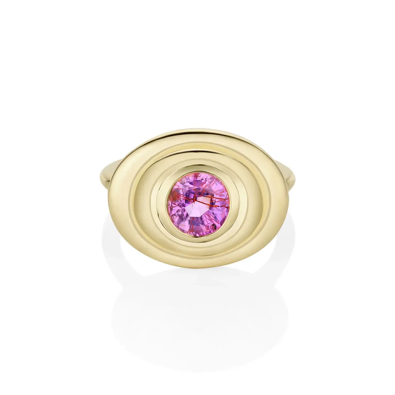 Marrow Fine's 1.50ct Pink Sapphire In-Orbit Ring showcasing a 0.91ct oval pink sapphire in a double bezel setting on a 14k yellow gold band.