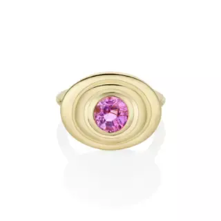 Marrow Fine's 1.50ct Pink Sapphire In-Orbit Ring showcasing a 0.91ct oval pink sapphire in a double bezel setting on a 14k yellow gold band.