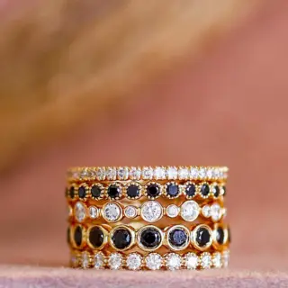 Close-up of Sethi Couture Bezel White Diamond Band showcasing 24 bezel-set diamonds in 18K yellow gold with milgrain finish, emphasizing its vintage-inspired design.