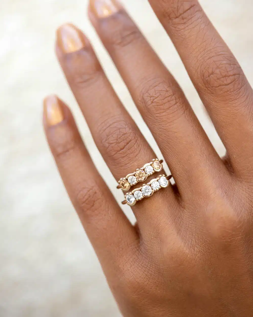 Lash Linear Diamond Ring by Bario Neal with five diamonds set in alternating bezel and prong lash settings on a fine gold band