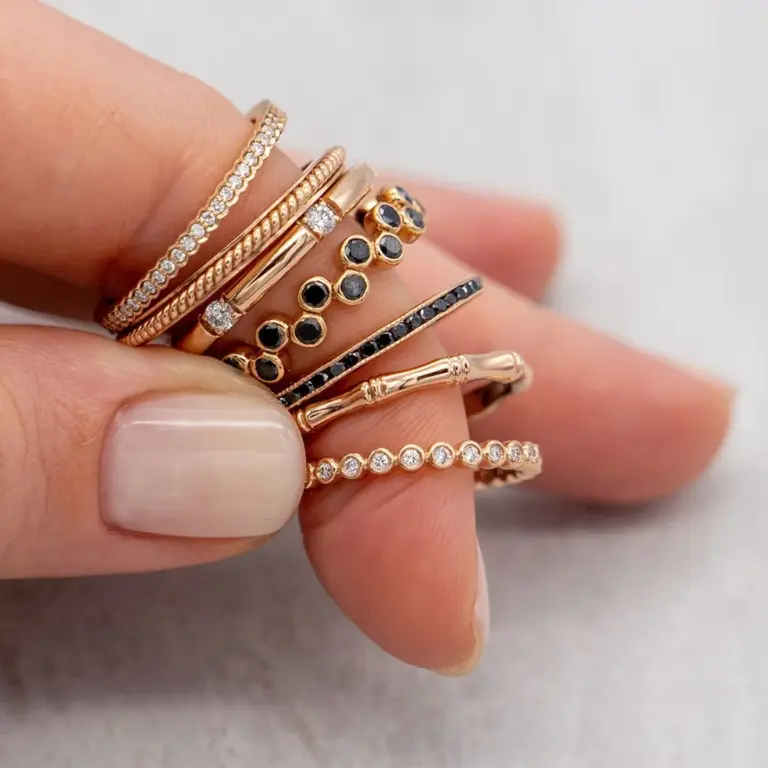 Elegant Sethi Couture Zig Zag Black Diamond Gold Band: 18K yellow gold with 28 rose cut black diamonds totaling 0.50ct, set in a zig-zag pattern.