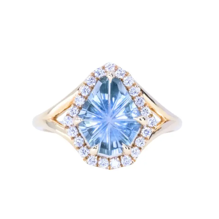 2.34ct fantasy cut carved shield Montana sapphire set in 14k yellow gold, featuring a low-profile split shank halo design with intricate detailing.