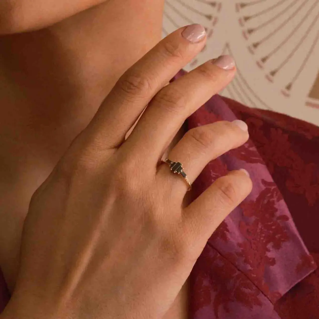 Marcato Black Diamond Ring by Jennie Kwon: 14k gold band with layered black and white diamonds, showcasing a unique, alternative bridal aesthetic.