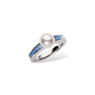Ocean-inspired Mikimoto ring: lustrous Akoya pearl with sapphire accents in white gold