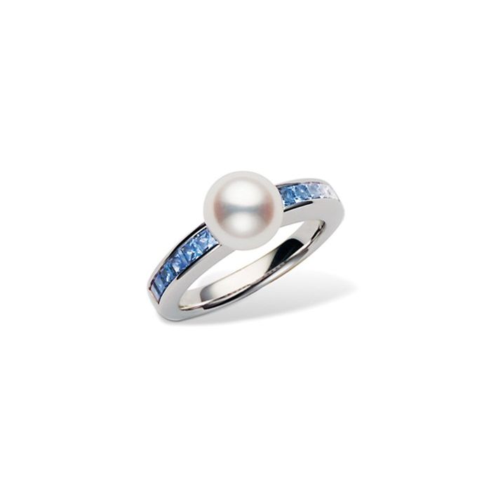 Ocean-inspired Mikimoto ring: lustrous Akoya pearl with sapphire accents in white gold