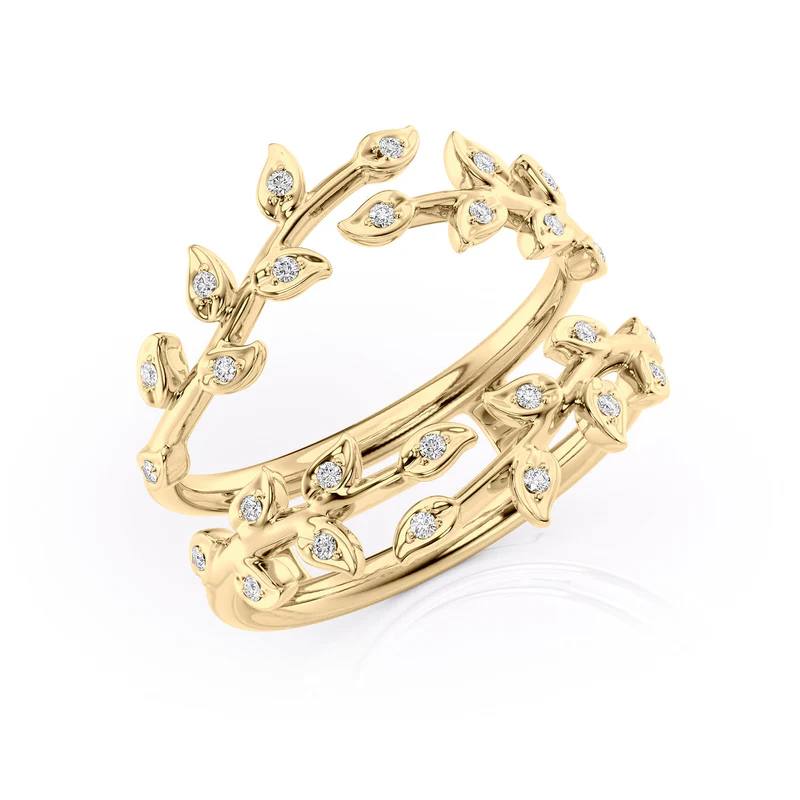 14K white gold wedding band with vine design and accent diamonds.