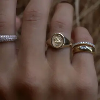 Close-up of Kinn Studio's Juliette Butterfly Signet Ring showcasing the intricate butterfly wing design and sparkling round diamond set in 14k gold