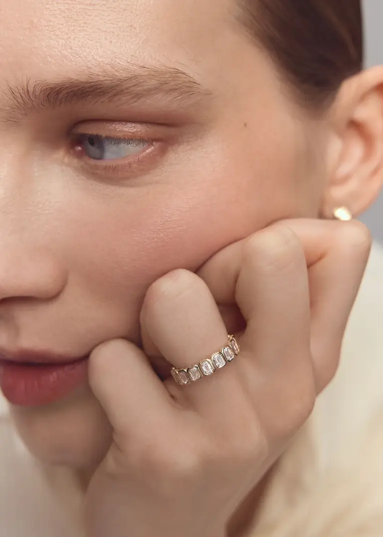 Model wearing the Margot Radiant Eternity Ring, emphasizing its elegant and timeless aesthetic.