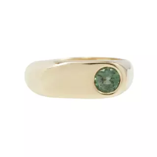 Front view of the Indigo Emerald Ring by June Rings, showcasing a 1.55ct emerald-cut center stone with .06ctw side stones, set in a 3.7mm domed band.