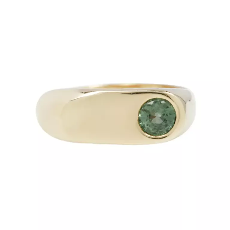 Front view of the Indigo Emerald Ring by June Rings, showcasing a 1.55ct emerald-cut center stone with .06ctw side stones, set in a 3.7mm domed band.