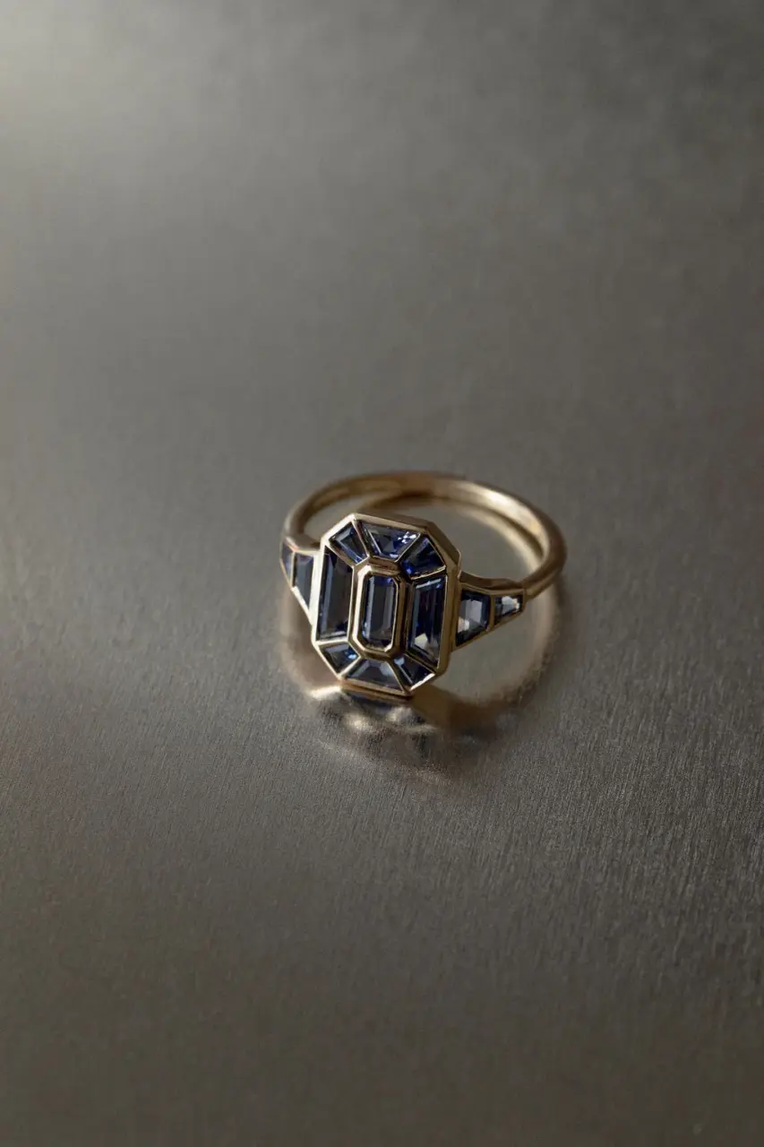 Elegant 14k gold ring featuring cushion-cut dusk sapphire – handcrafted fine jewelry by June Rings