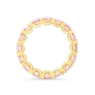 Unique oval morganite eternity ring, featuring VS clarity stones in a U-shape shared prong setting.