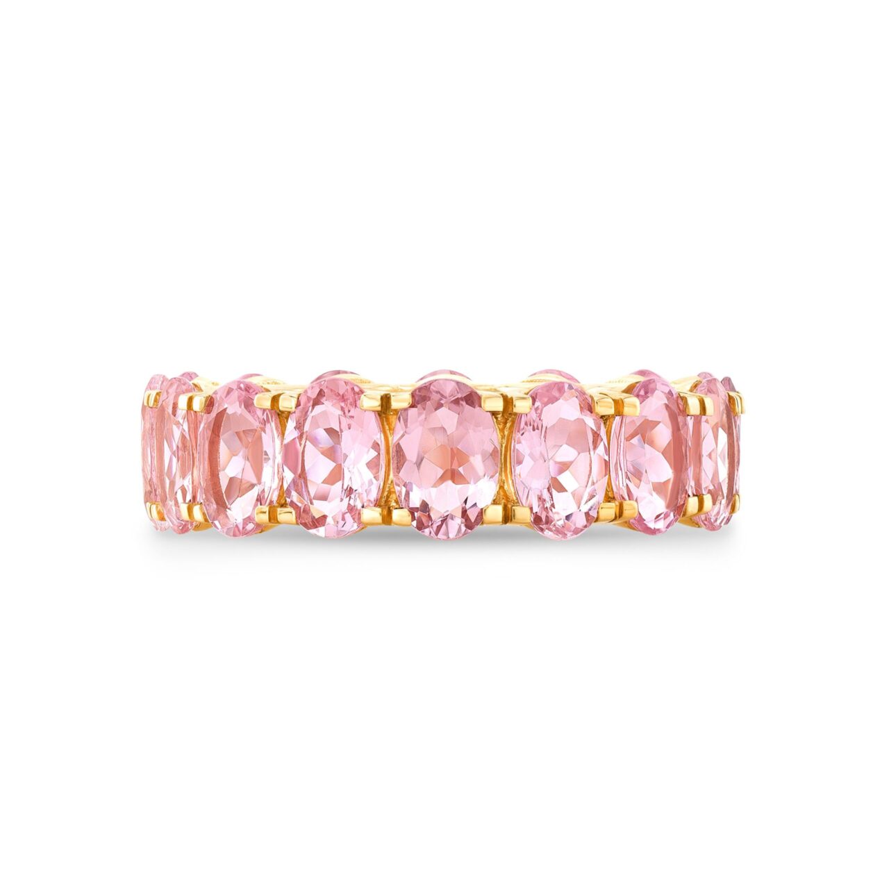 Handcrafted Alina Eternity Ring with sparkling morganites in gold or platinum, perfect for engagements.