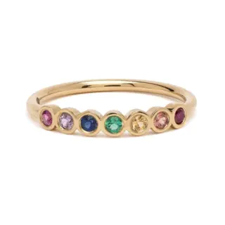 Sofia Kaman Aura Rainbow Eternity Band—seven bezel‑set sapphire and emerald gemstones in 14K gold