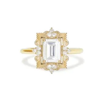 Florentine Moissanite and Diamond Ring with sparkling moissanite center and diamond accents