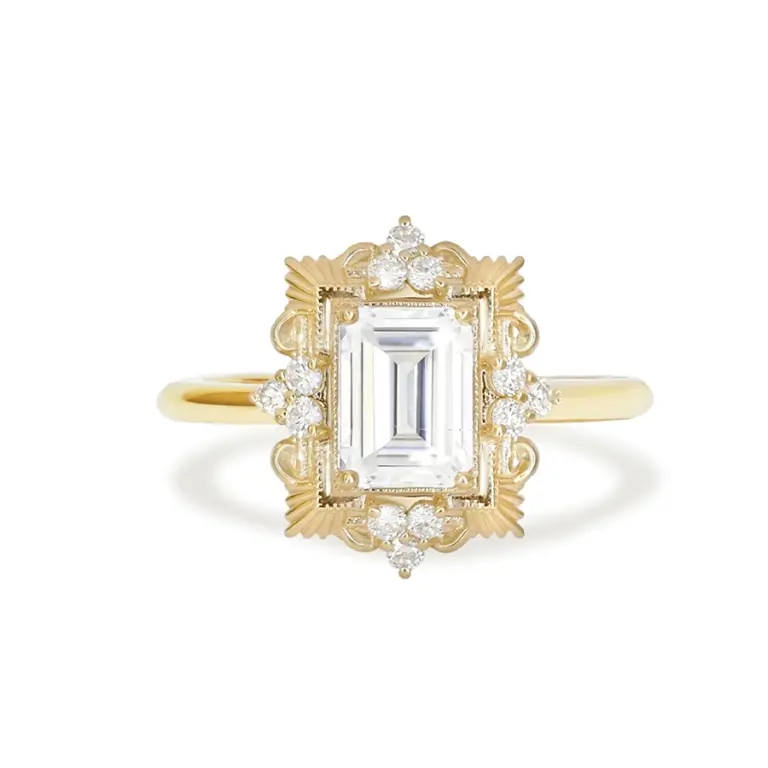 Florentine Moissanite and Diamond Ring with sparkling moissanite center and diamond accents