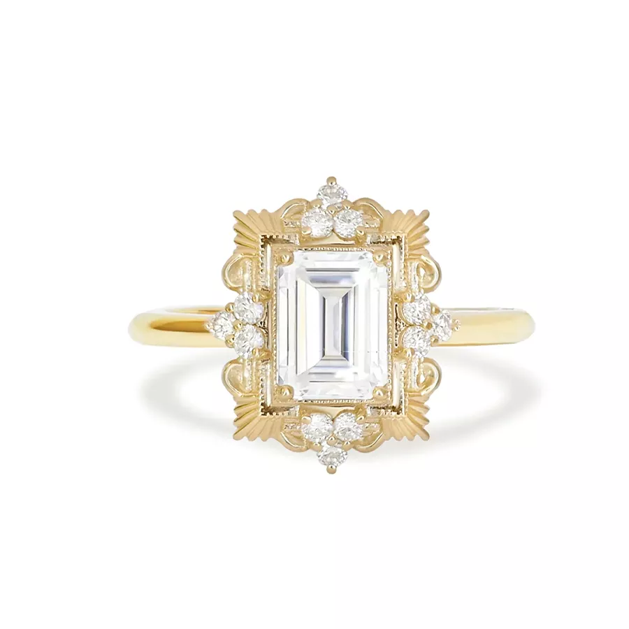 Florentine Moissanite and Diamond Ring with sparkling moissanite center and diamond accents