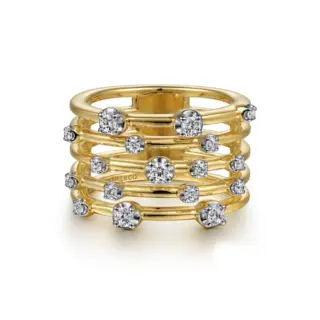 14K yellow gold wide band ring with five rows of round diamonds totaling 0.38 carats