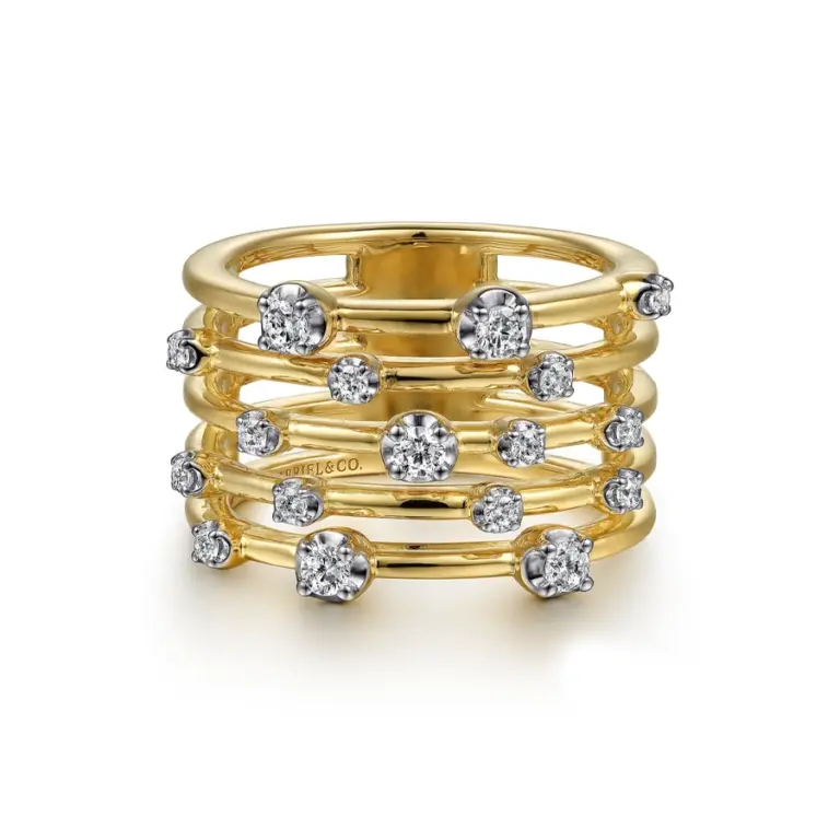 14K yellow gold wide band ring with five rows of round diamonds totaling 0.38 carats