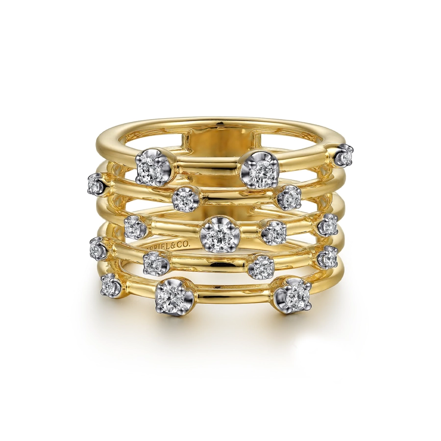 14K yellow gold wide band ring with five rows of round diamonds totaling 0.38 carats