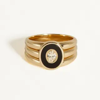 J.Hannah Stacked Signet Onyx & Diamond Ring in recycled 14k gold with black onyx inlay and recycled diamond accent