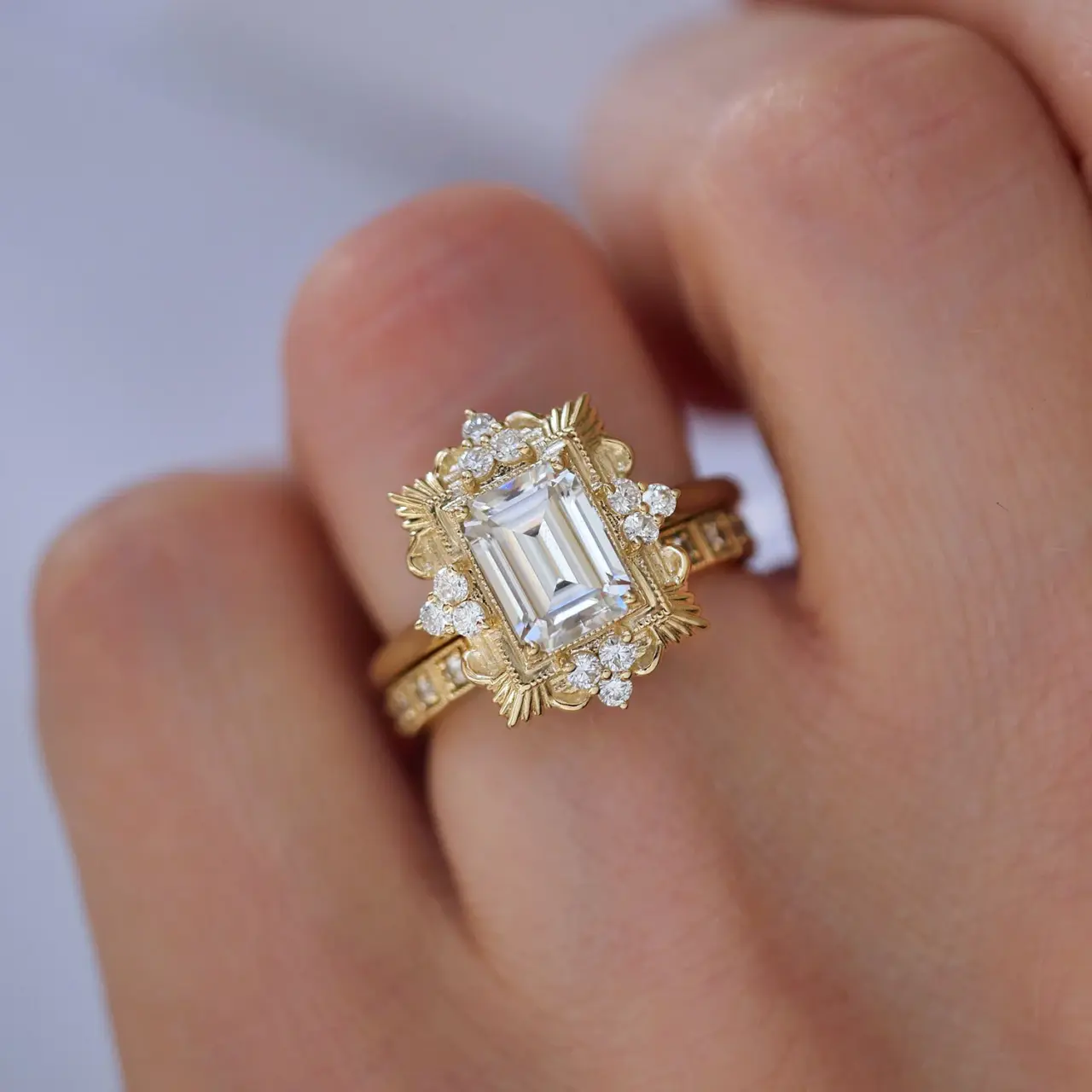 Florentine Moissanite and Diamond Ring with sparkling moissanite center and diamond accents