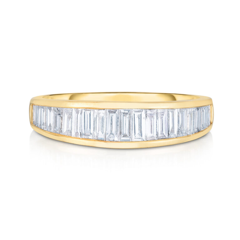 Channel Set Graduated Baguette Diamond Ring with 21 baguette diamonds in 14k gold, handcrafted by Urbaetis Fine Jewelry