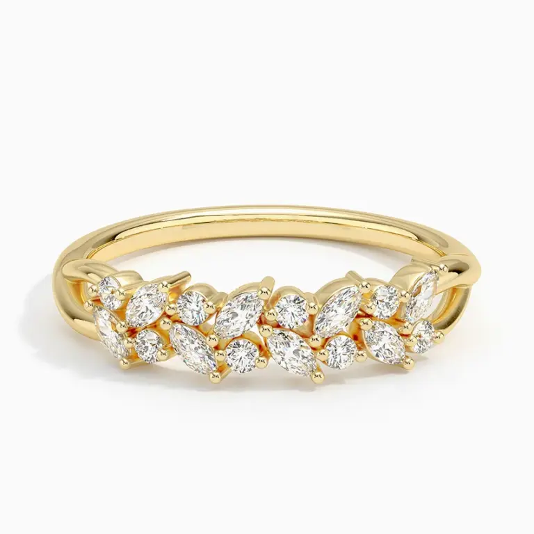 Jardinière Diamond Ring in 18K Yellow Gold by Brilliant Earth: Features two rows of alternating marquise and round diamonds totaling 0.37ct, set in a 4.4mm wide band.