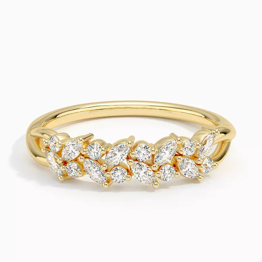 Jardinière Diamond Ring in 18K Yellow Gold by Brilliant Earth: Features two rows of alternating marquise and round diamonds totaling 0.37ct, set in a 4.4mm wide band.
