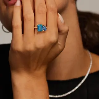 Brilliant Earth Toi et Moi ring with emerald-cut London Blue topaz and pear-shaped lab alexandrite, crafted in 18K white gold