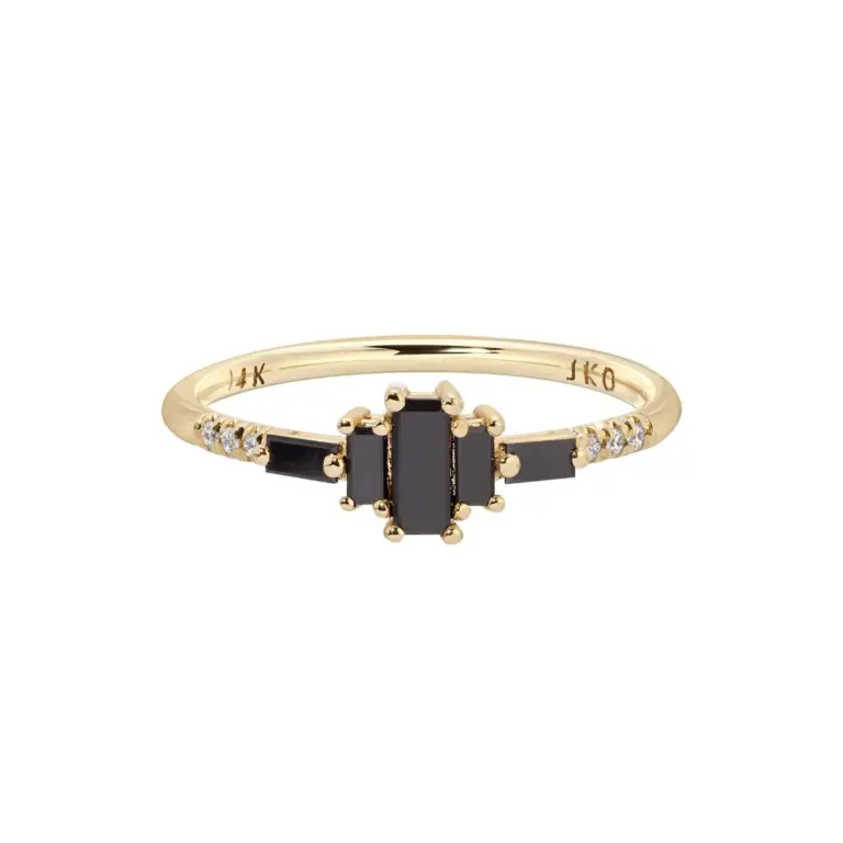 Jennie Kwon Marcato Black Diamond Ring in 14k gold, featuring a 5x2mm baguette black diamond, four 3x1.5mm baguette black diamonds, and six 1mm white diamonds in a multi-layered design.