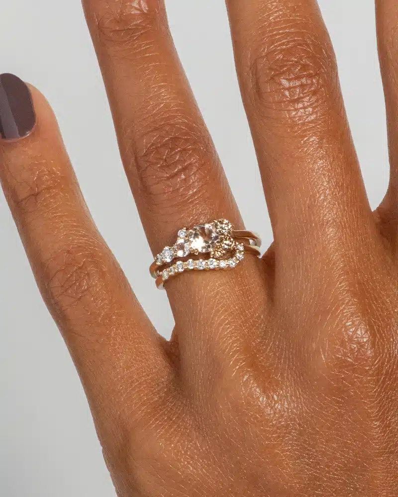 Ethically sourced Burst Cluster Morganite Ring by Bario Neal, showcasing a 5mm morganite and ombré diamonds in a 14kt yellow gold setting.