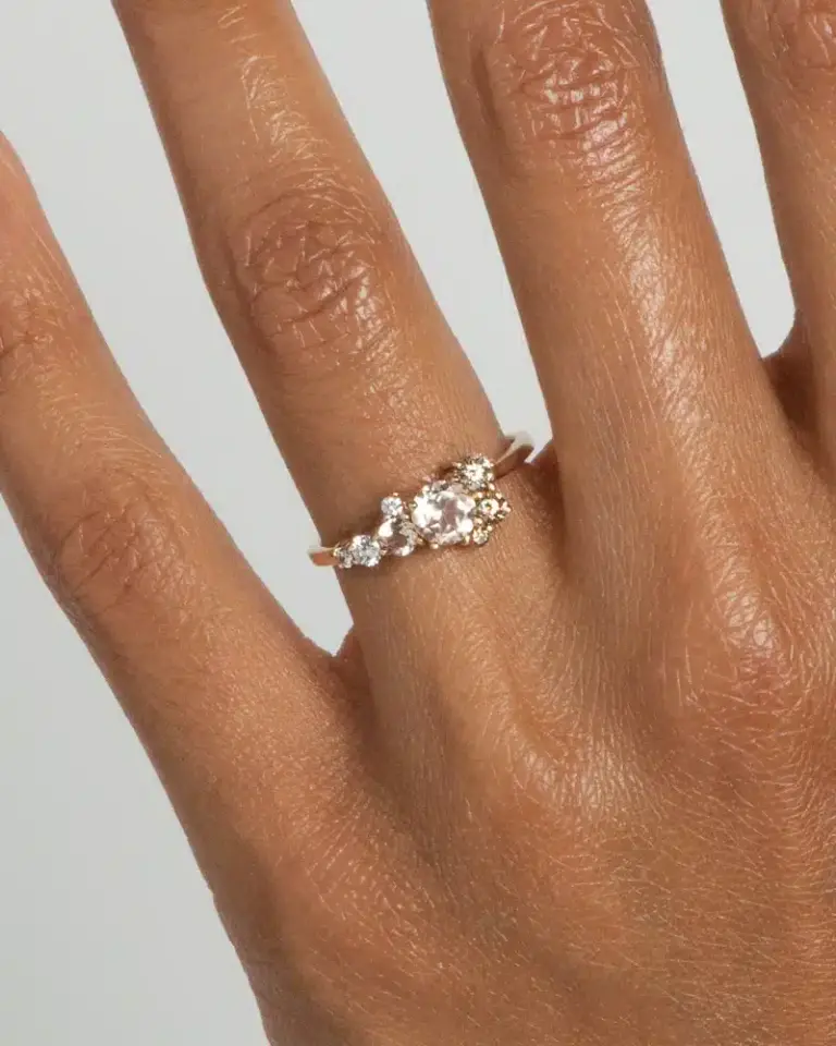 Handcrafted Burst Cluster Ring with 5mm morganite and ombré diamonds, set in reclaimed 14kt yellow gold by Bario Neal