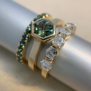 Elliot Gaskin Green Sapphire Eternity Ring, 2.3mm wide band with natural green sapphires, polished finish