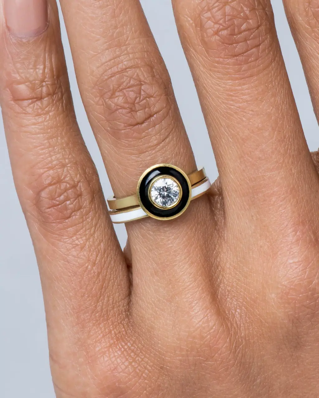 Bario Neal Senna Ring: 0.50ct diamond in a white enamel halo on a square-edged recycled 18k gold band, ethically handcrafted.