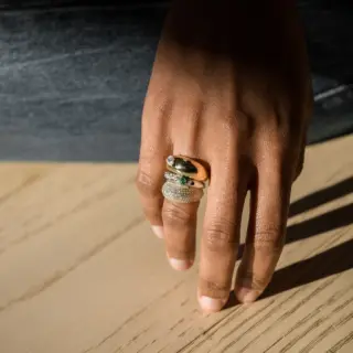 14K rose gold Double Pear Demi Demi ring by Grace Lee, with a pair of pear‑cut diamonds elegantly placed on a minimalist domed band