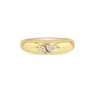 Close‑up of the Double Pear Demi Demi, showcasing the dual pear‑shaped diamond accents set in 14K gold on a curved band