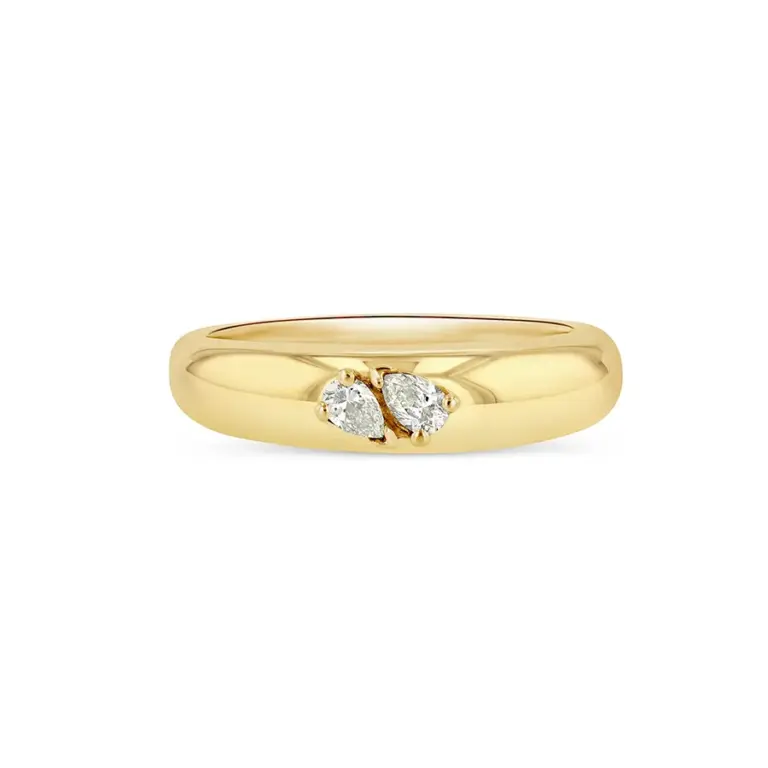 Close‑up of the Double Pear Demi Demi, showcasing the dual pear‑shaped diamond accents set in 14K gold on a curved band