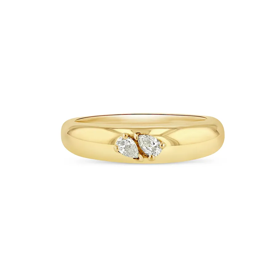 Close‑up of the Double Pear Demi Demi, showcasing the dual pear‑shaped diamond accents set in 14K gold on a curved band