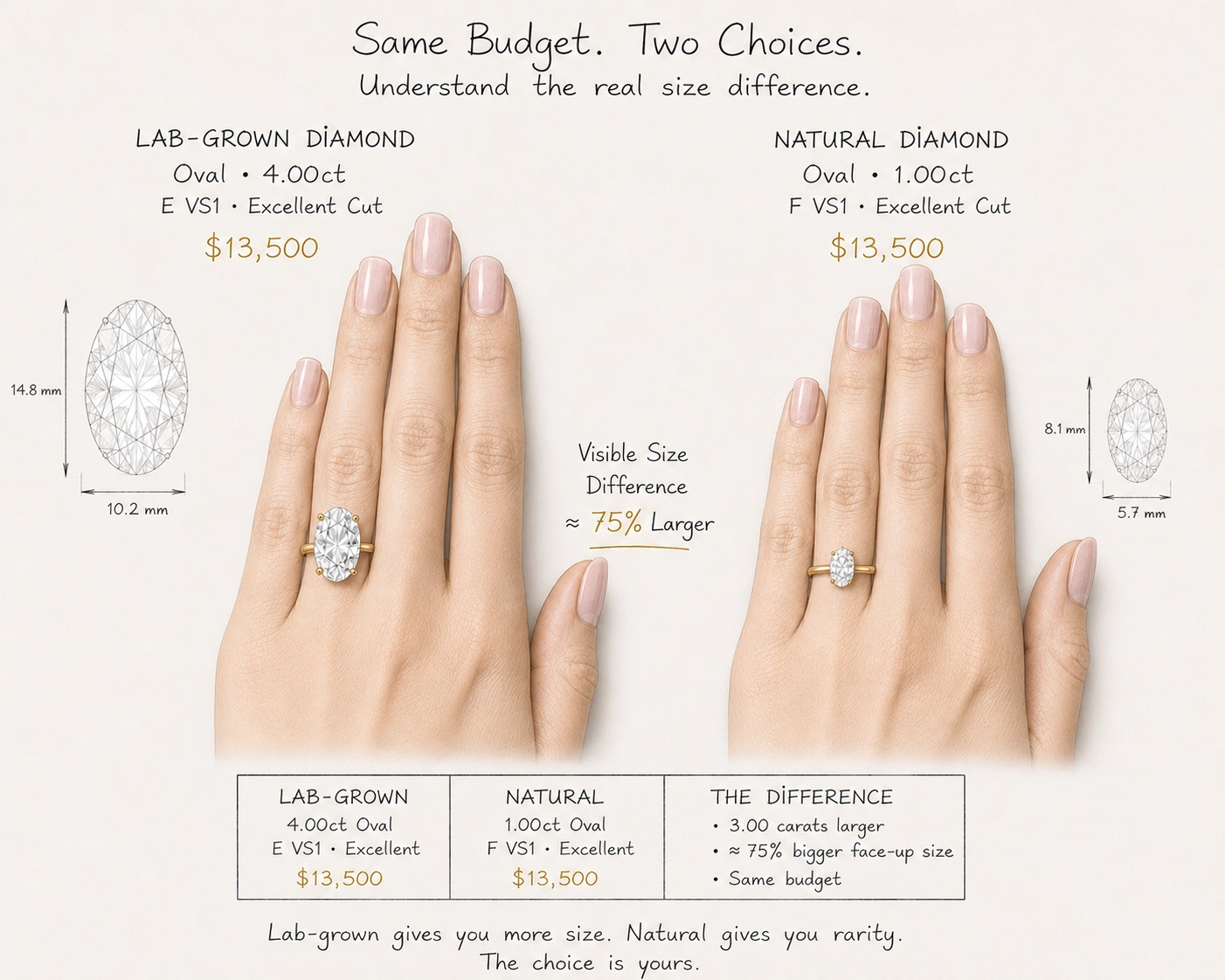 Comparison chart of diamond carat sizes