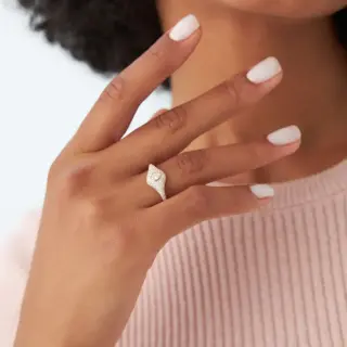 Pear diamond halo signet ring in 14K white gold—pavé setting, refined and elegant