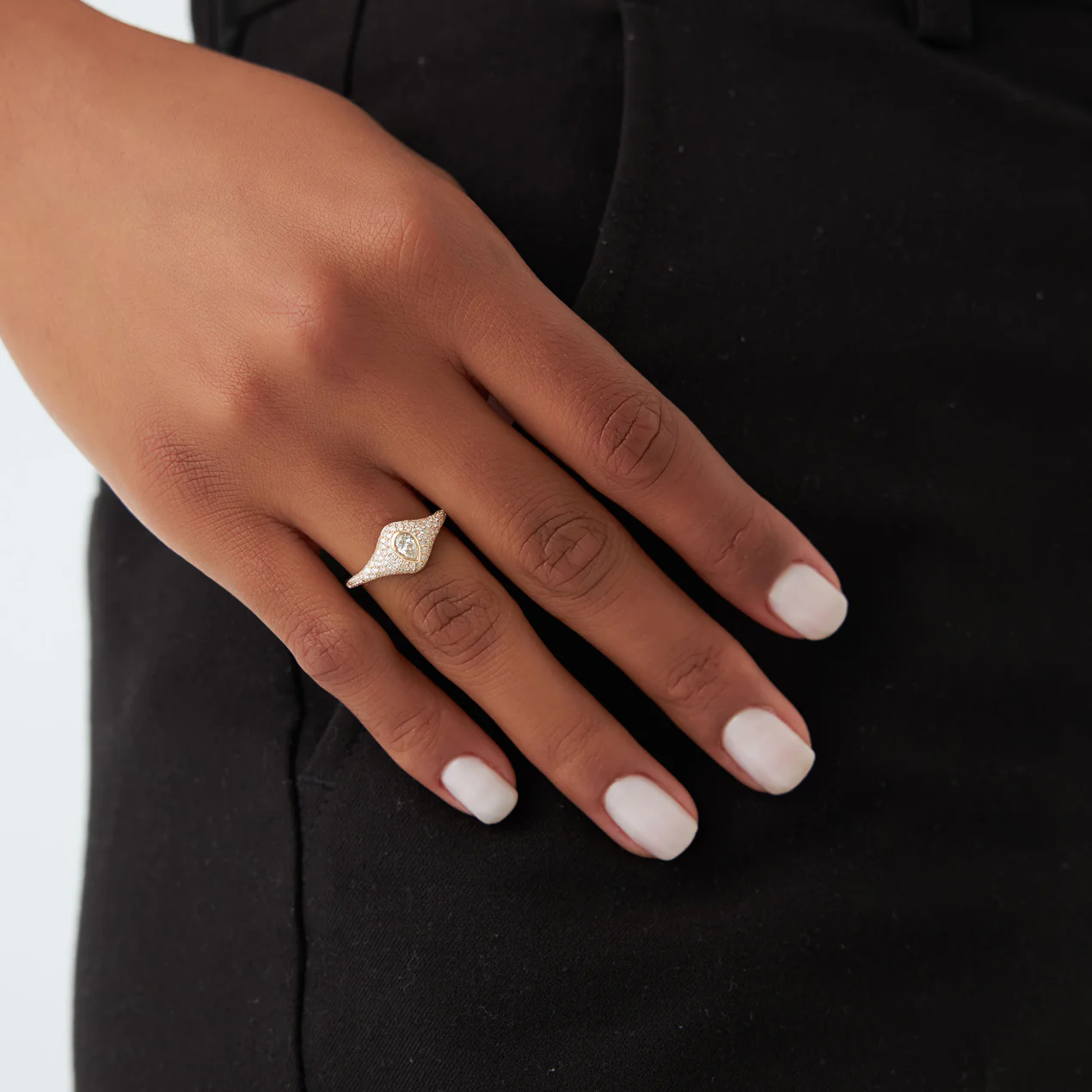 Ferkos 14K rose gold signet ring featuring pear-shaped diamond and pavé-set accent diamonds