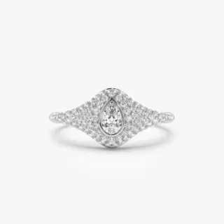 14K yellow gold signet ring with pear-shaped center diamond and pavé halo from Ferkos