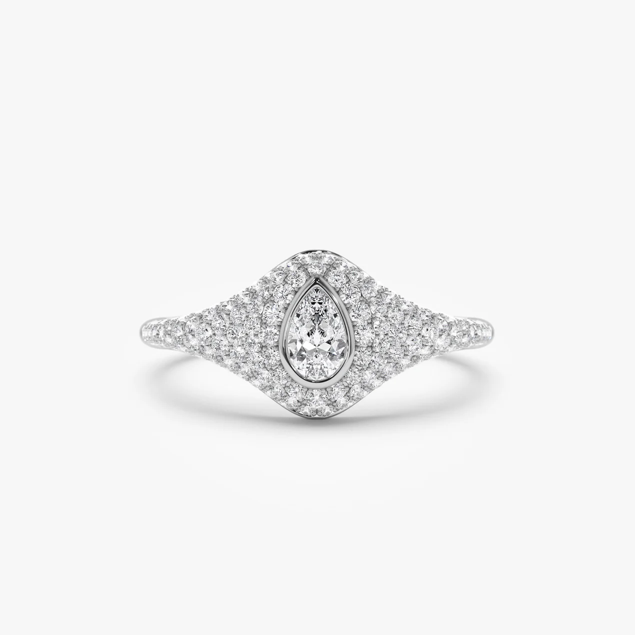 14K yellow gold signet ring with pear-shaped center diamond and pavé halo from Ferkos
