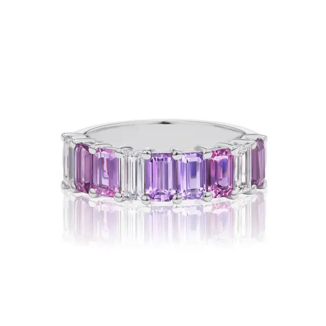 Serpentine Jewels Emerald Cut Half Eternity Band: 18K white gold ring featuring .63 tcw emerald cut diamonds and multicolored sapphires in pink, magenta, lilac, and lavender hues